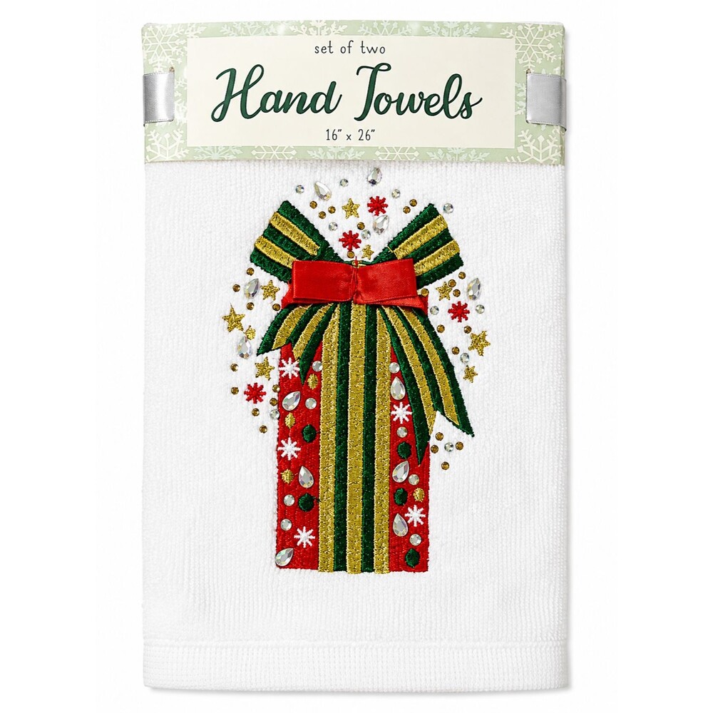 Christmas Present Hand Towels Set of 2 White Embroidered Rhinestone Holiday